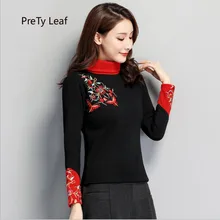 Зимний национальный стиль вышивка Высокий воротник Пряжка утолщение плюс бархат большой размер длинный рукав футболка