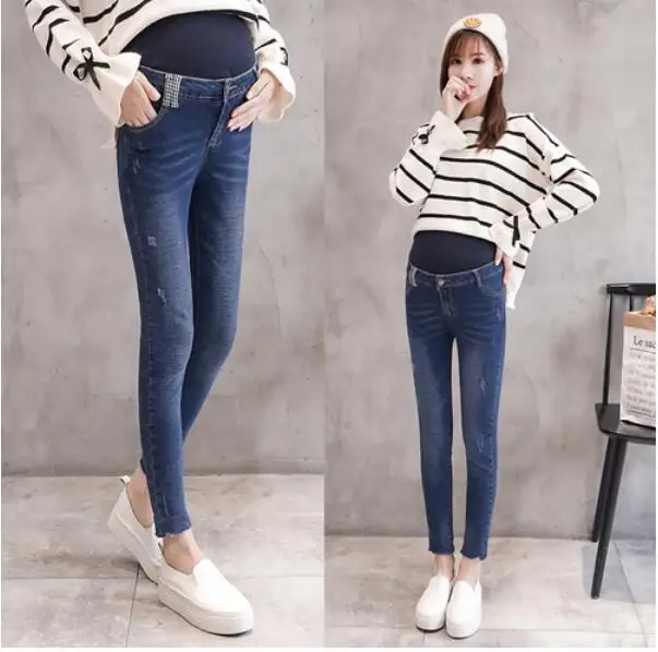 Осенние модные потертые джинсы для беременных женщин, широкие брюки для беременных, штаны с дырками и пуговицами для беременных - Цвет: 208