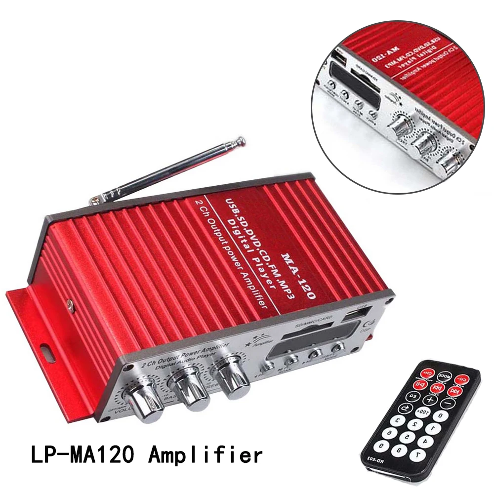 Hi-Fi Stereo Connection Red Car Audio Speaker LED Remote Control 12V Mini Amp Radio LP-MA120 Amplifier Digital MP3/USB/SD RCA | Автомобили