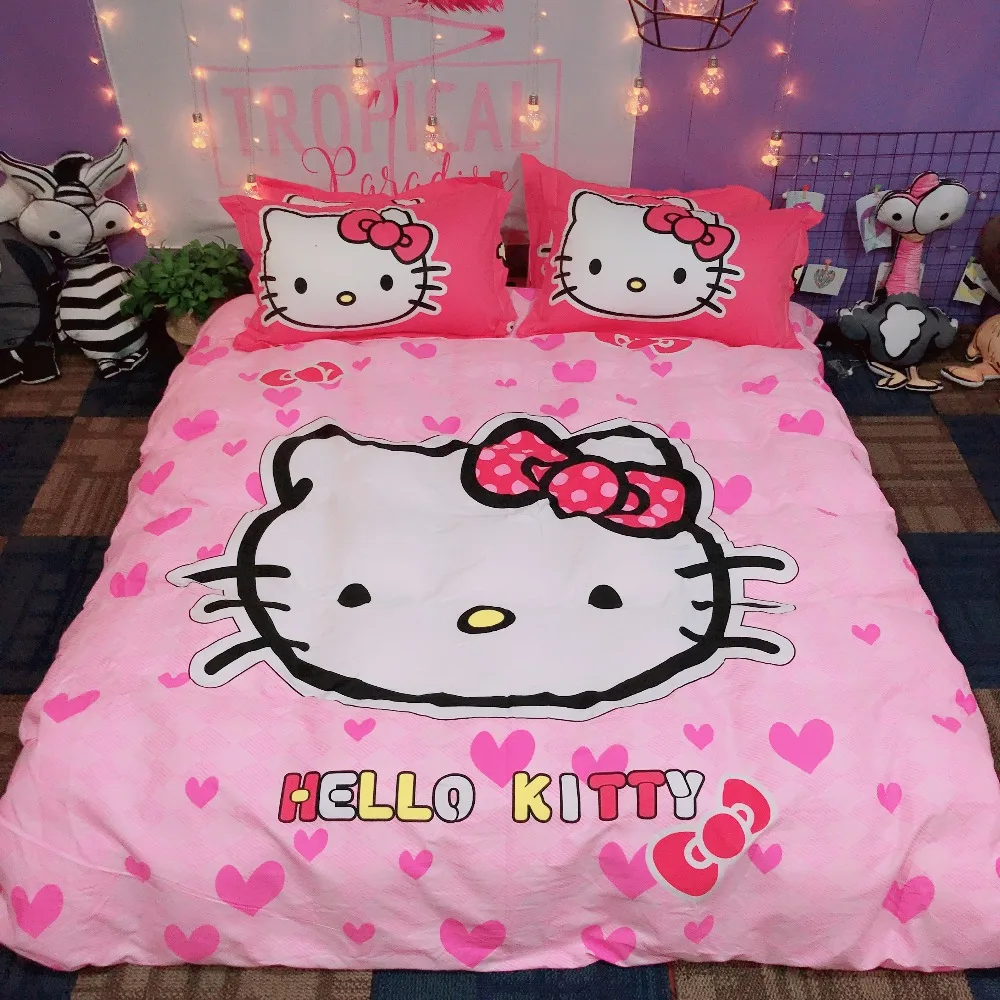 100% хлопок милые комплекты постельного белья hello kitty queen king size cat pink пододеяльник