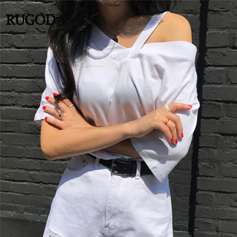 RUGOD женская летняя футболка с коротким рукавом, Повседневная однотонная модная женская футболка с v-образным вырезом, Новое поступление, специальный топ, крутая Сексуальная женская футболка ins - Цвет: Белый