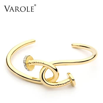 

VAROLE New Nail Cuff Bracelet Crystal Manchette Gold Color Bangle Bracelet For Women Bracelets Bangles Jewelry Pulseiras