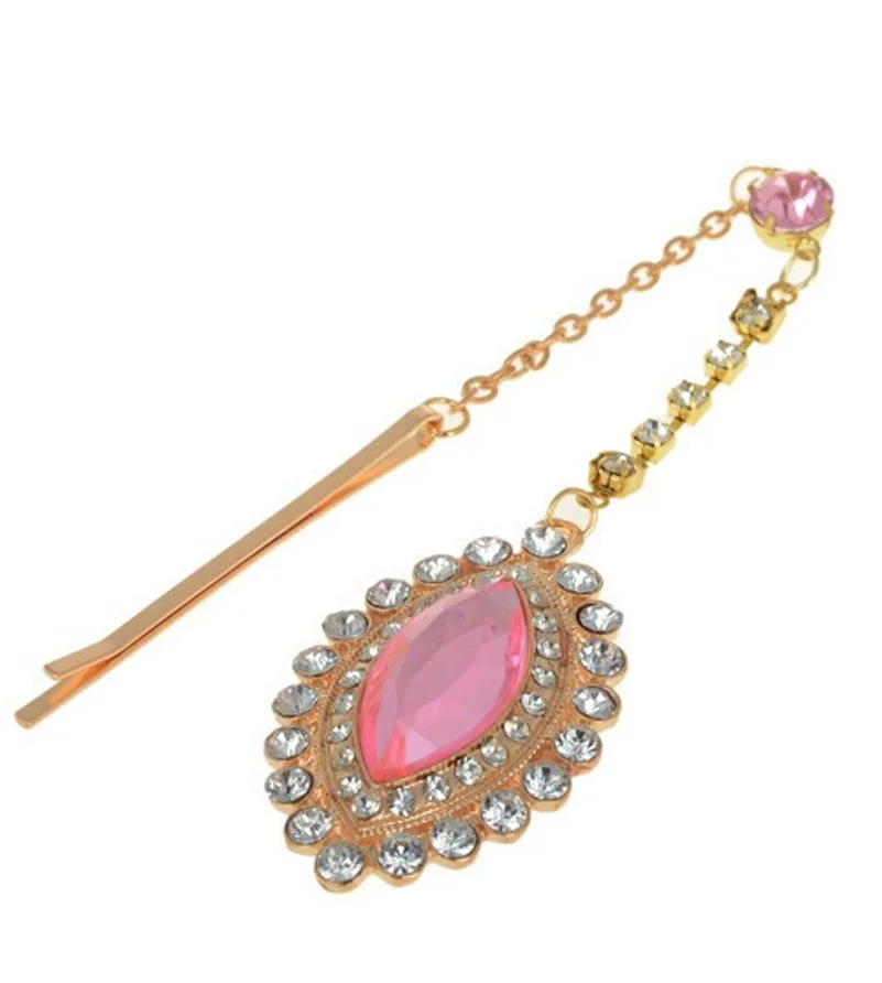 

Bride Hair Pin Cuff Wrap Rhinestone Pink Crystal Drop Pendant Forehead Chains Indian Head Jewelry Headband