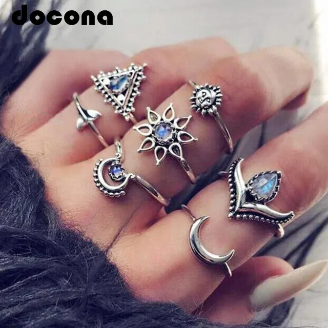 

Docona Bohemia Geometric Midi Rings Set Vintage Silver Blue Rhinestone Sun Moon Knuckle Rings Set for Women Girl Anillos 6756
