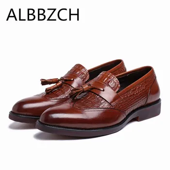 

Fashion tassel dress shoes men oxford luxury crocodile pattern genuine leather office work shoes men's wedding shoes size 38-44