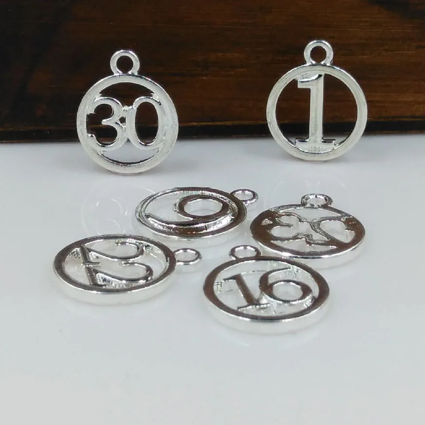 

High Quality 10 Pieces/Lot Diameter 14mm Silver Plated 20-30 Figure Number Charms For Bracelet Making
