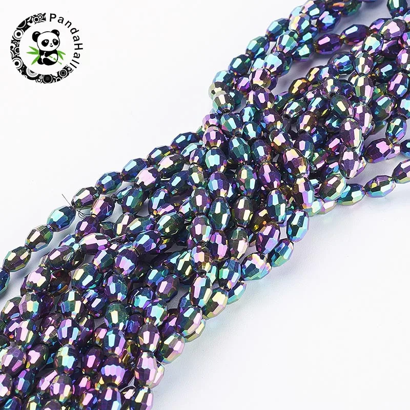 10Strands Electroplate Glass Beads, AB Color Plated, Faceted Oval, White, bead: 6mm long, 4mm thick, hole: 1mm, about 72pcs/str