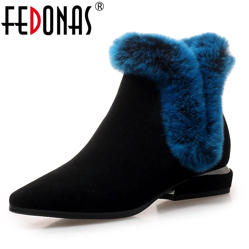 Kopen FEDONAS 2019 Elegante Hoge Kwaliteit Vrouwen Koe Suede Enkellaarsjes Dikke Hakken Warm Winter Schoenen Vrouw Rits Basic Laarzen Sneeuw laarzen