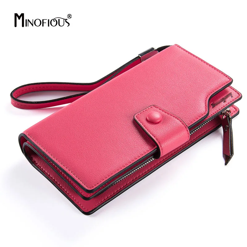 MINOFIOUS Multifunction Wallet Female Women Long Wallets High Quality Solid PU Leather Clutch Purse Fashion Casual Money Purses