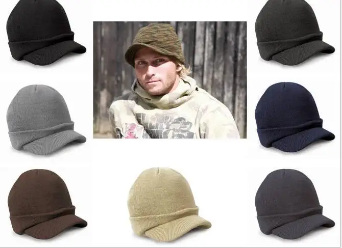Модные армейские Стиль Кепка, теплая зимняя вязаная шапка с Шапки, кепка для женщин и мужчин Шапка-бини с полями Карамельный цвет козырек Шапки - Цвет: Random