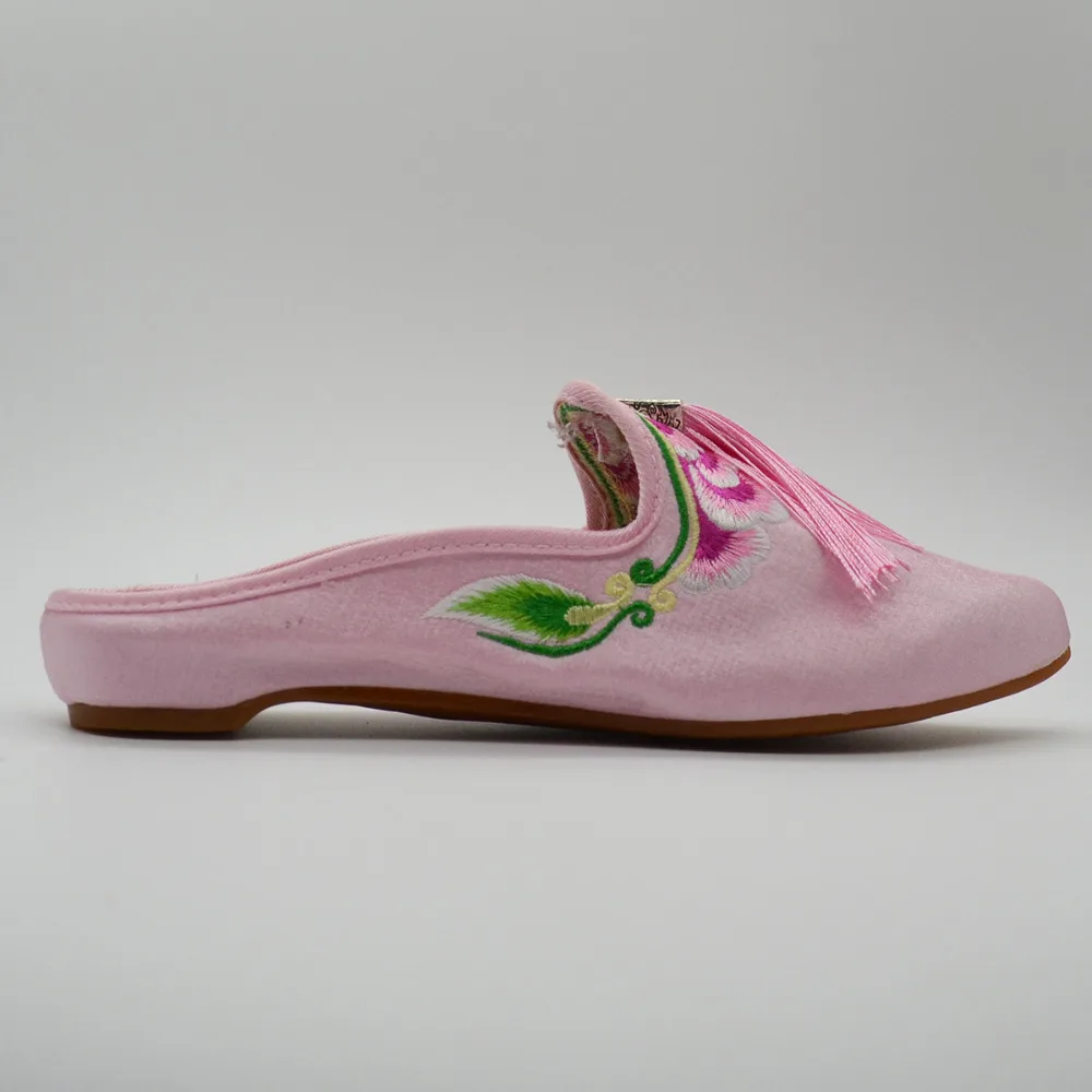 US $12.68 Veowalk Floral Embroidery Tassel Womens Velvet Cotton Slippers Pointed Toe Summer Comfort Flat Slides Shoes For Ladies