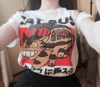 

HAHAYULE Studio Ghibli Neighbour Totoro Ride Cat Bus Japanses Anime Unisex T-Shirt Tumblr Cute Graphic Tee White