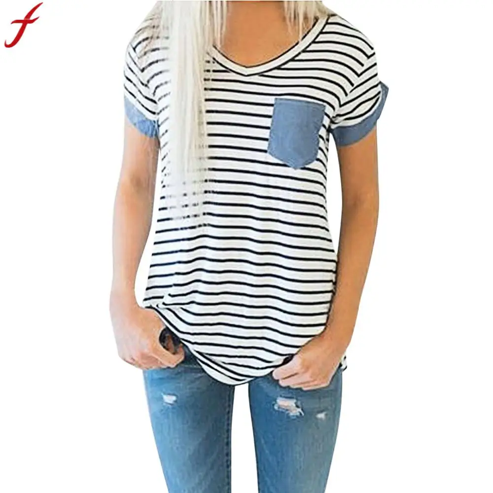 

Blouse Women Summer Short Sleeve Shirt Fashion Women Ladies Striped Patchwork Loose Blouse Women V Neck Top With Pocket camisa