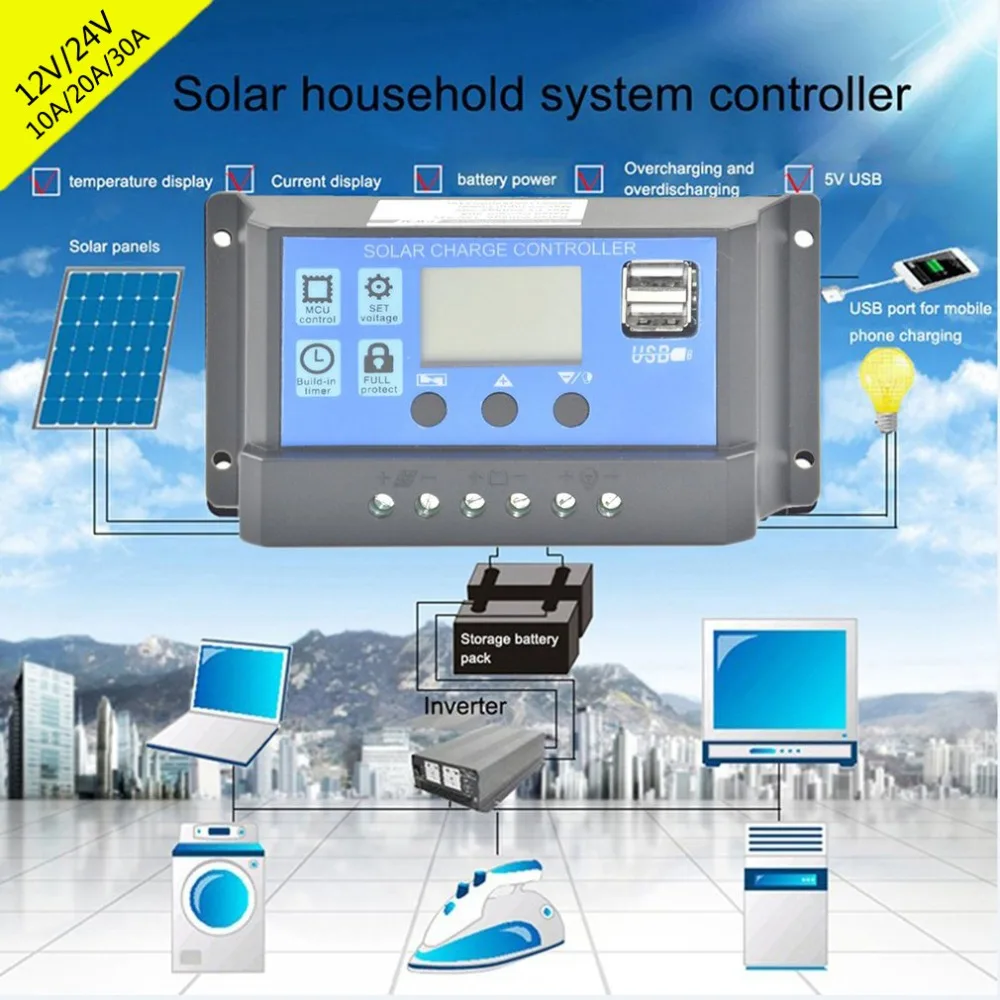 PWM Solar Charge Controller 12V 24V Auto Dual USB Digital Display Solar Regulator Built in Timer