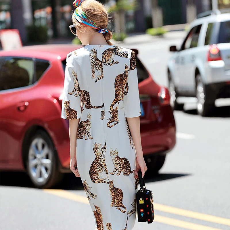 Весеннее Новое модное женское Повседневное платье на заказ размера плюс 3XS-10XL приталенное платье миди с принтом кота Vestido Feminino белого цвета