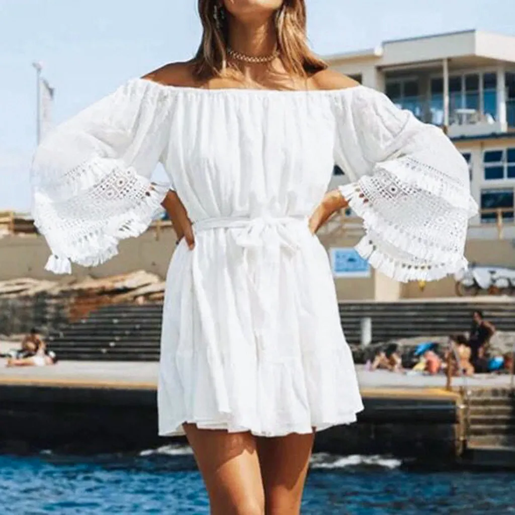 Fashion Womens Sexy Off Shoulder White summer dress Splicing Cotton and ...