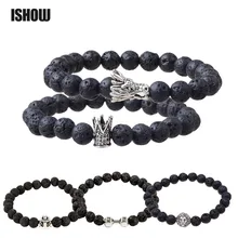 

Lava Stone Beads Antique Silver Crown Dragon Anchor Helmet Dumbbell Lion Elastic Men Beaded Bracelet Fashion Jewelry