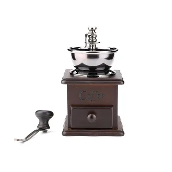 

Retro Style Manual Hand-crank Coffee Grinder Golden tone, Cast Iron Burr Core, Wood case, Unique Coffee bean inlet port Grinder