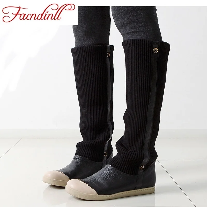

FACNDINLL winter warm faux fur women knee high boots real leather wool fashion female flat heel casual boots ladies black boots