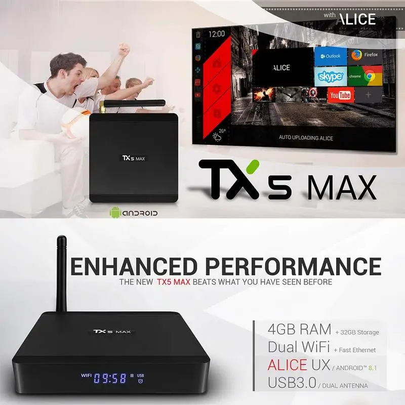 

TX5 Max Smart TV Box Bluetooth Android 8.1 Amlogic S905X2 Quad-Core 1000M 2.4G&5G Dual Wifi Set-Top Box 4K HD Media Player