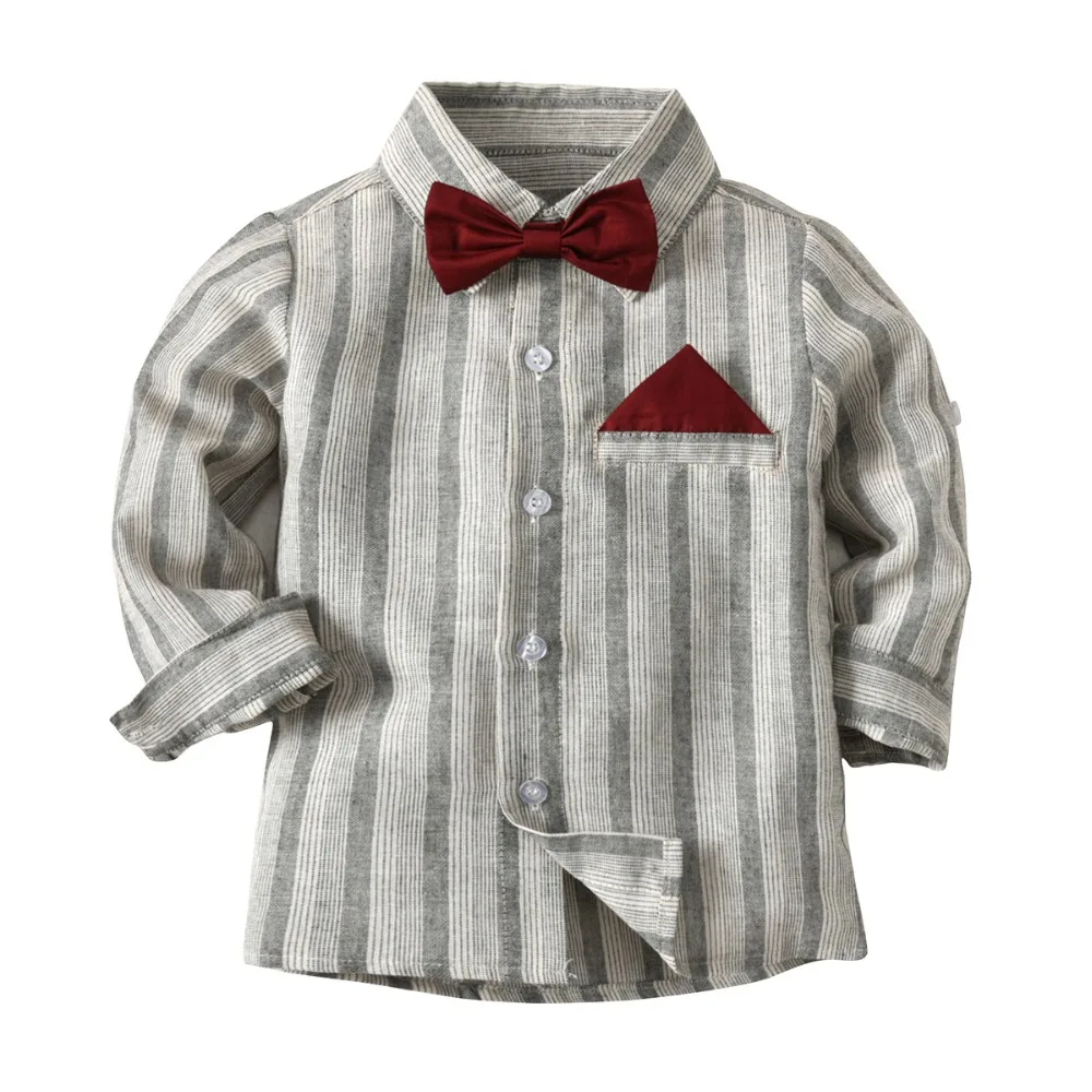 Детский комплект одежды для мальчиков, коллекция года, Весенняя рубашка в полоску с галстуком-бабочкой для мальчиков+ штаны на подтяжках Одежда для мальчиков из 2 предметов костюмы для мальчиков ясельного возраста