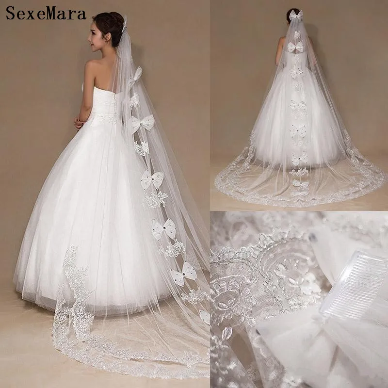 

Luxury Crystal Wedding Veil Lace Applique Bow Soft Netting Bridal Veils Cathedral Length One Layer Long Train With Comb