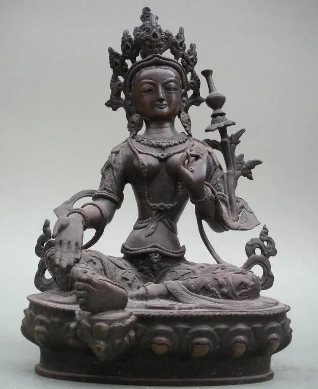 

S06763 Tibetan language Pure Bronze Refined carved Green Tara Kwan-yin Buddha Statue