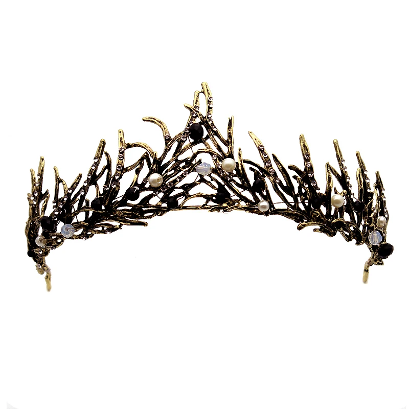  White Black Pearl Beads Baroque Vintage Prom Gold Tiara Wedding Leaf Branch Pageant Crystal Crown B