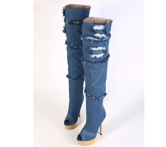 Unqiue progettista di vendita calda denim donne open toe stivali estivi  pizzo jeans elegante peep toe piattaforma stivali sopra il ginocchio più il  formato 42|knee boots|over knee bootsover the knee boots -