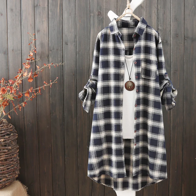 

2019 autumn plaid women blouse and shirts loose elegant cotton turn-down collar lady shirts outwear coat tops