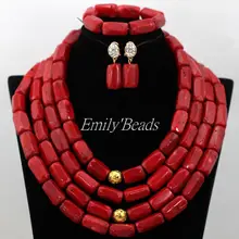 Новые массивные африканские коралловые бусины ожерелье набор 4 слоя красные нигерийские коралловые бусины Свадебный комплект ювелирных изделий CJ521