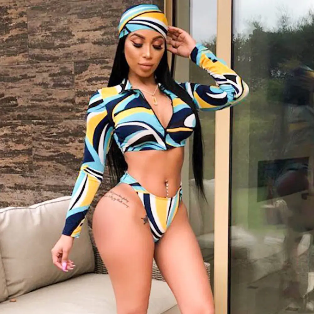

2019 Summer New Women High Waisted Bikini Set Push Up Bra Padded 3Pcs Swimsuit Long Sleeve Multi Print Swimwear