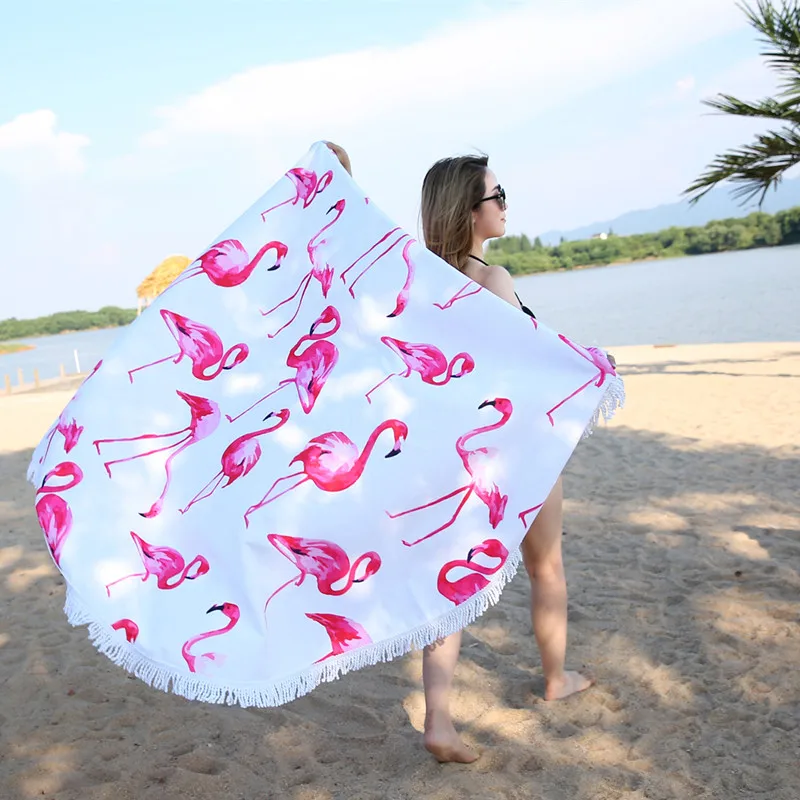 XC USHIO 2018 Newest Style Fashion Flamingo 530G Round Beach Towel With Tassels Microfiber 150cm Picnic Blanket Beach Cover Up