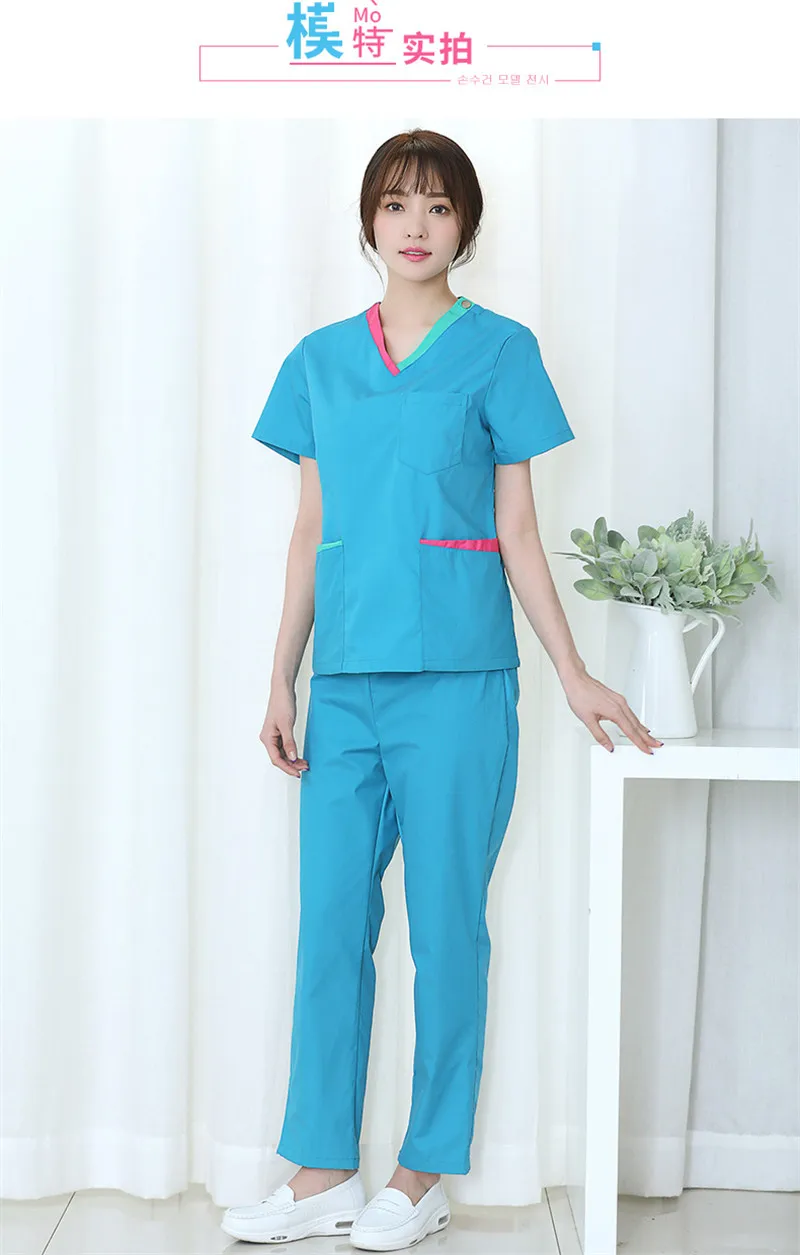 Корейский вариант стоматологической операционной комнаты Ручная стирка длина с коротким рукавом Женщины доктора кисти ободок хирургический костюм