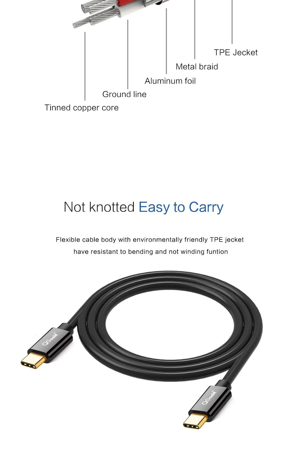 QGeeM USB-C-USB-C кабель usb type C USB-C кабель для зарядного устройства для MacBook, ChromeBook Pixel, Nexus 5X/6 P, Lumia 950/950XL