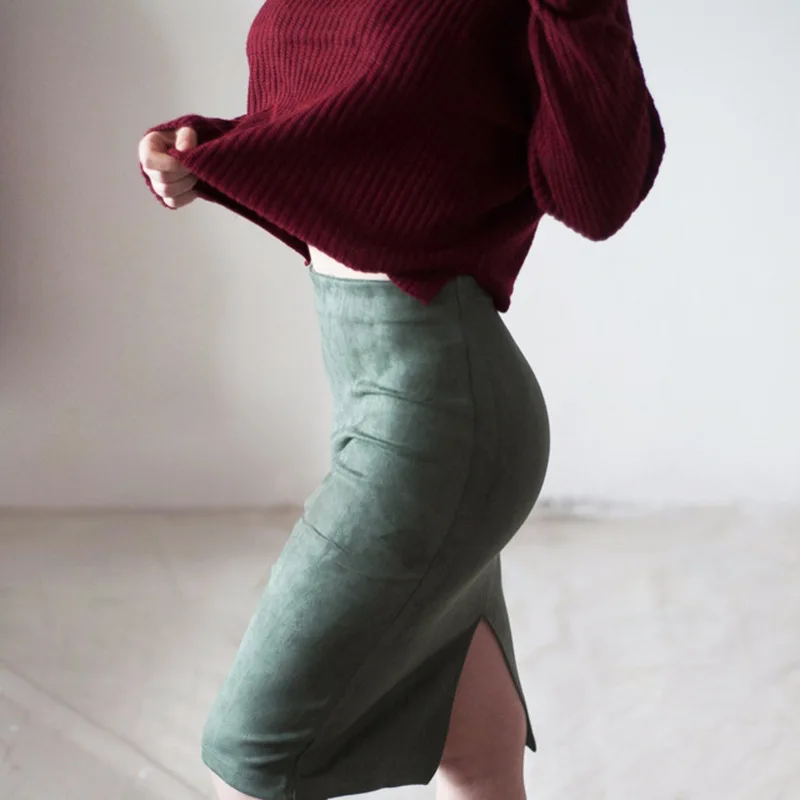 

New women's suede skirt solid color split cheongsam skirt high waist bag hip was thin wild skirt