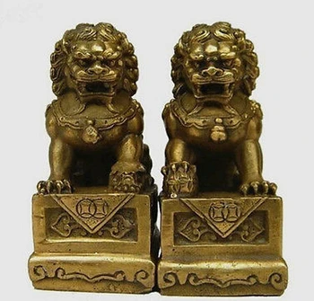 

A Pair China Chinese Brass Folk Fengshui Foo Fu Dog Guardion Door Lion Statue Guardian Lion 2pcs Garden Decoration brass