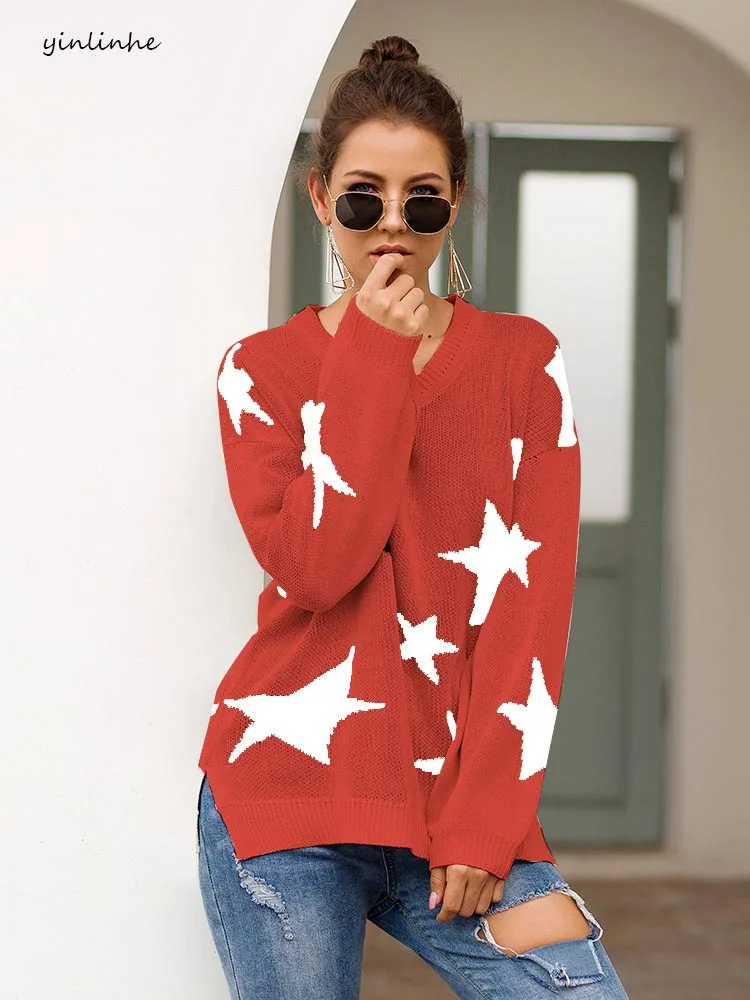 

yinlinhe Red V Neck Star Sweater Women Long Sleeve Plus Size Loose Autumn Jumpers Ladies 2019 Winter Casual Pullovers 1188