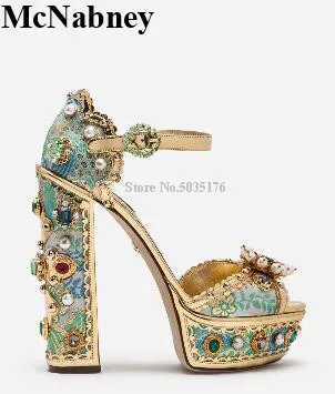 

Newest Rhinestone pearl Summer Multicolor Ladies Shoes Platform Ankle Buckle Sandals European Peep Toe Hoof Heel Women Shoes