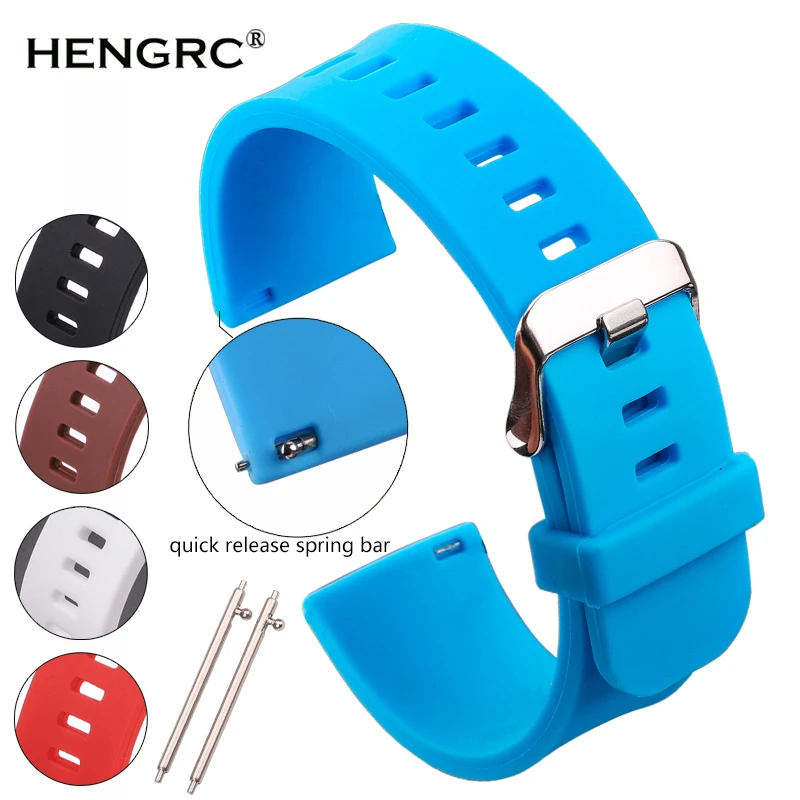 HENGRC, 5 цветов, силиконовый резиновый ремешок для часов, 18 мм, 20 мм, 22 мм, для женщин и мужчин, ремешок для часов, водонепроницаемый спортивный ремешок для часов, полированная пряжка