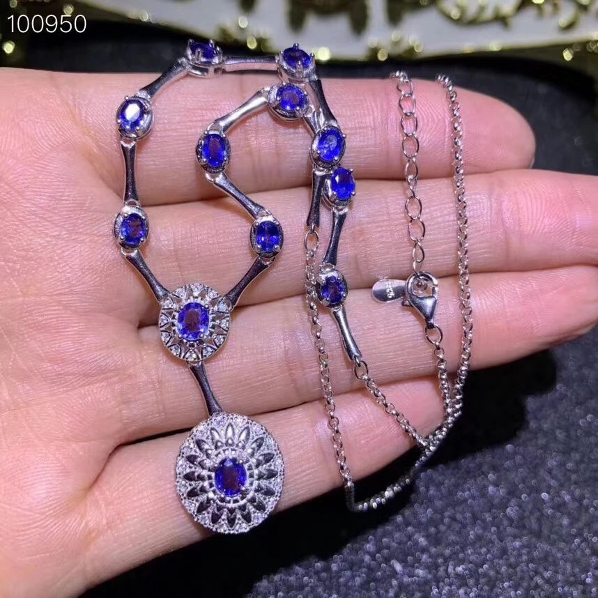 

Natural blue sapphire gem necklace S925 silver natural gemstone necklace Luxurious chain circle Net woman party jewelry