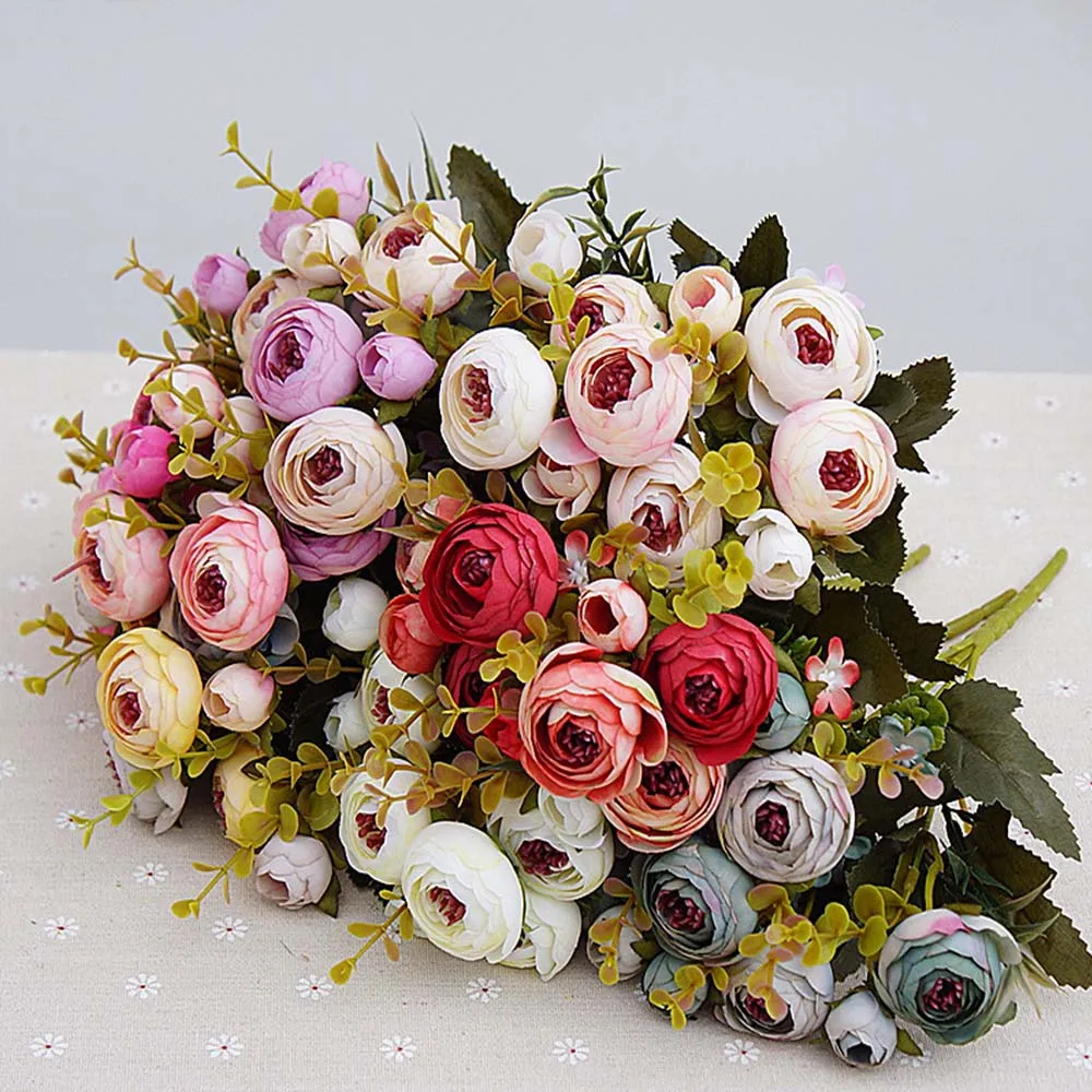 

10heads/1 bundle Silk tea roses Bride bouquet for Christmas home wedding new Year decoration fake plants artificial flowers