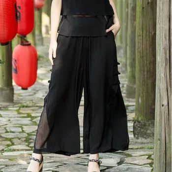 

#0727 Wide Leg Split Pants Women Elastic Waist Vintage Pants Ladies Loose Split Joint Thin Summer Trousers Womens Black White