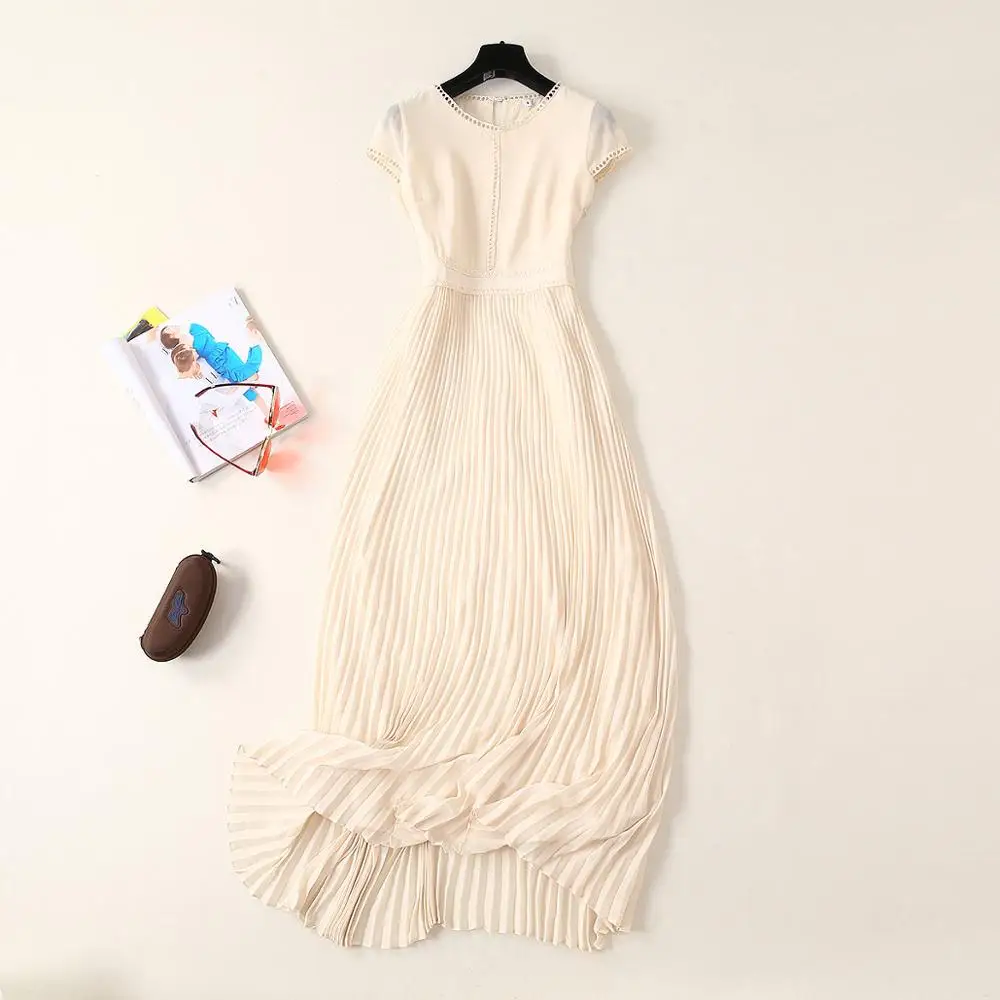 Европейская и американская женская одежда Летний Стиль Модное однотонное Плиссированное с коротким рукавом длинное облегающее платье
