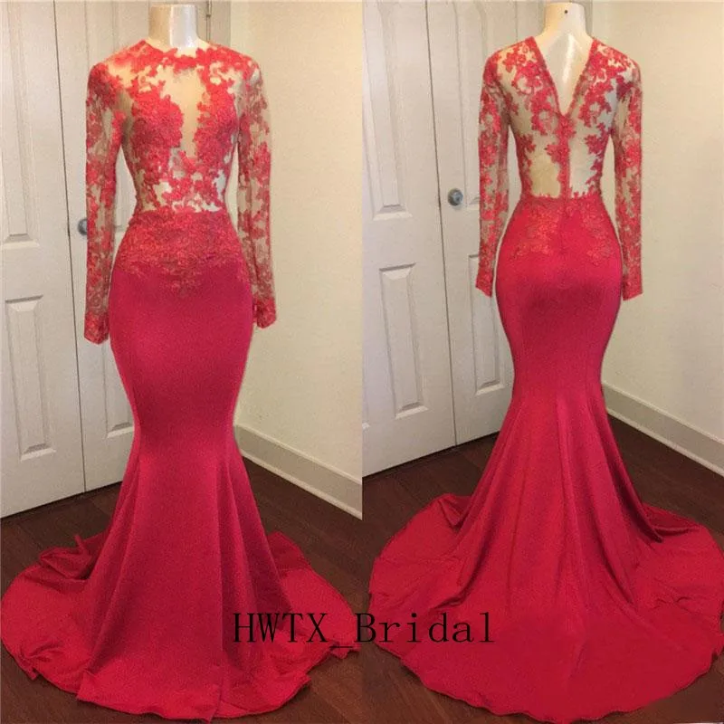 

Evening Dress 2019 Sexy Mermaid Long Sleeve Prom Gowns 2K19 African Illusion Bodice Lace Satin Formal Dress Robe de soiree Cheap
