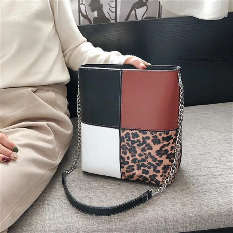 

Meloke 2019 women leather bucket bags patchwork leopard cross body bags large size cross body bags drop shipping M1304