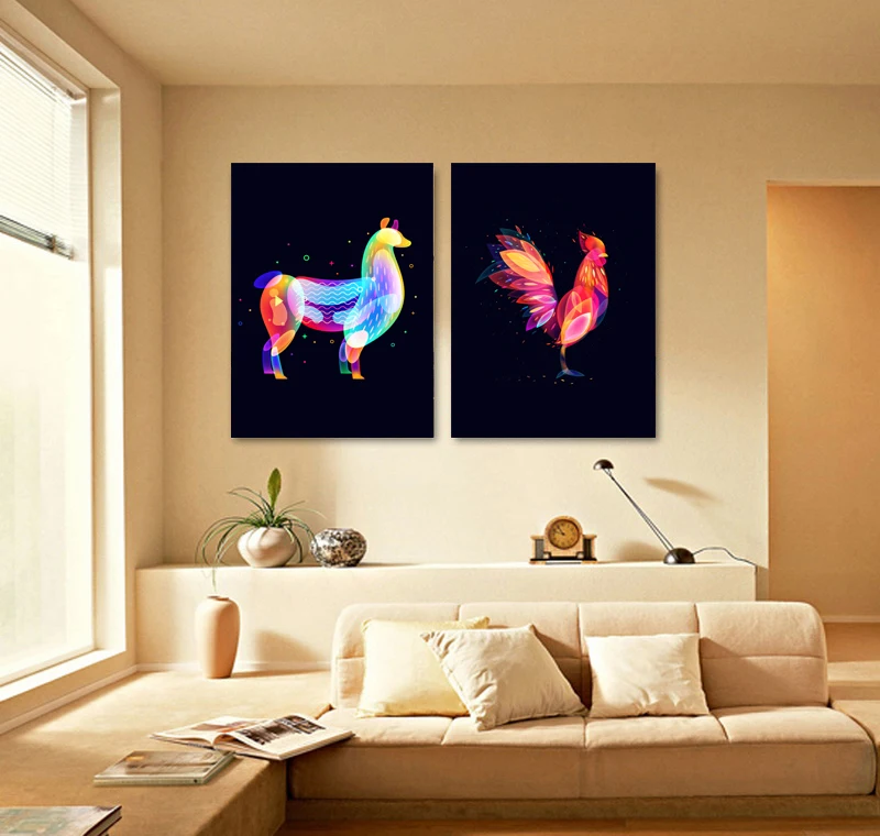 

2 pieces spray painting chiken and sheep on oil canvas for living room decor and wall art poster