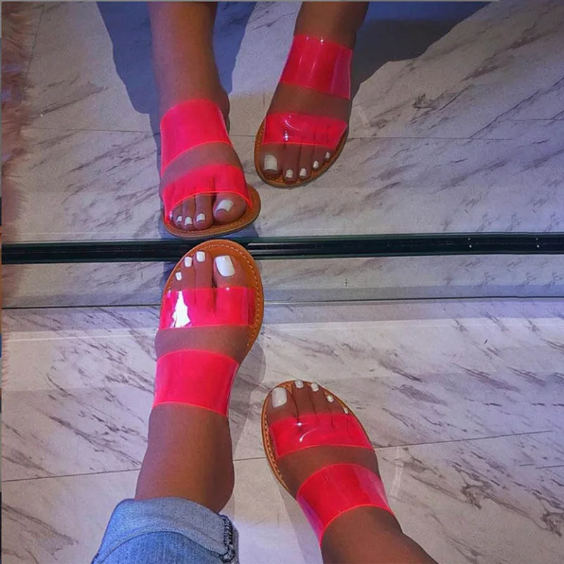 Летние женские шлепанцы; Прозрачная мягкая прозрачная обувь на плоской подошве; женские шлепанцы с открытым носком; красивые Вьетнамки; модные пляжные сандалии для женщин; коллекция года - Цвет: red