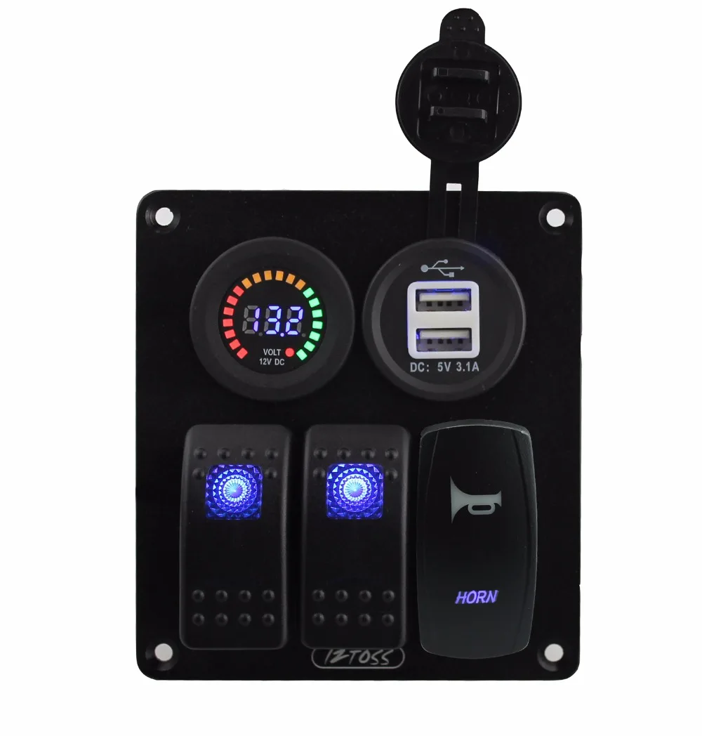 IZTOSS Blue led 3 gang DC12V blue 5 pin rocker switch and horn switch panel with 12V voltage 3.1A dual USB voltmeter wiring kit-in Car Switches & Relays ...
