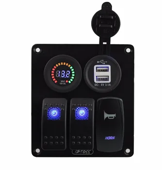

IZTOSS Blue led 3 gang DC12V blue 5 pin rocker switch and horn switch panel with 12V voltage 3.1A dual USB voltmeter wiring kit